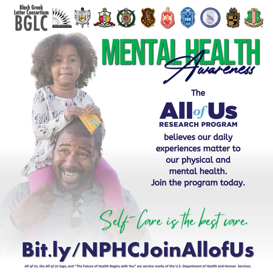 The All of Us Research Program believes our daily experiences matter to our physical and mental health. Learn more by visiting  bit.ly/NPHCJoinAllofUs and enrolling today! #joinallofus #bglc #yourorganization #medicalresearch #blackmentalhealth #mentalhealthawareness