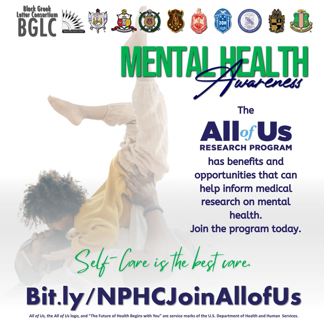 The All of Us Research Program has benefits and opportunities that can help inform medical research on mental health. Learn more about the program today at bit.ly/NPHCJoinAllofUs #joinallofus #bglc #AKA1908 #medicalresearch #blackmentalhealth #mentalhealthawareness