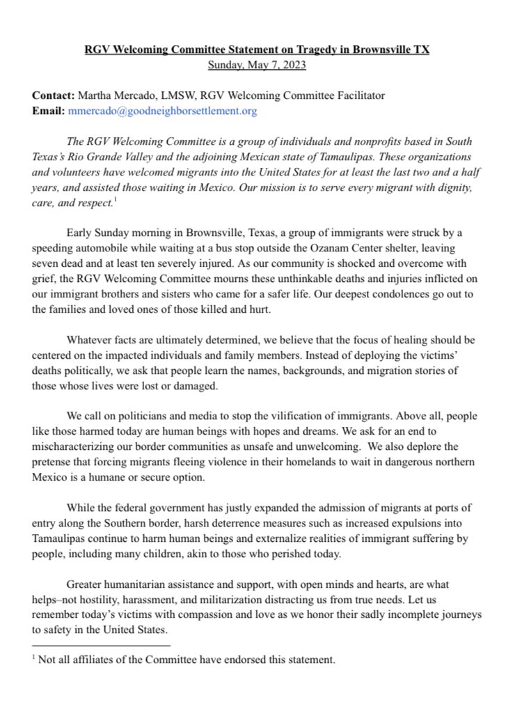 ValOnTheBorder's tweet photo. The RGV Welcoming Committee released a statement in response to the tragedy in Brownsville today. 

“We call on politicians and media to stop the vilification of immigrants. Above all, people like those harmed today are human beings with hopes and dreams.” https://t.co/czHd8PlWth