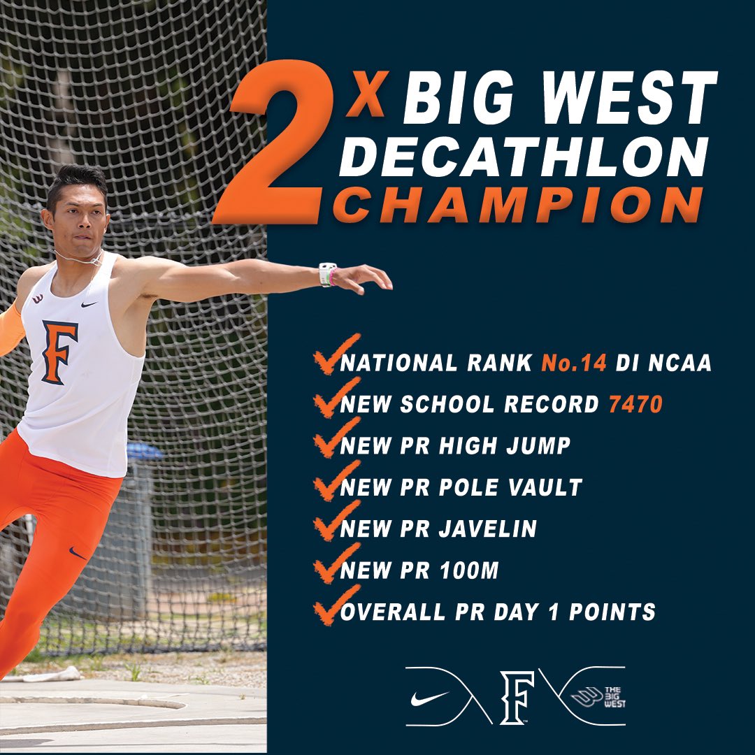 FullertonTFXC's tweet photo. Last year Aguilar became the 1st Titan to win The Big West Decathlon

This year he is the 1st Titan to defend that title 🤝

He set New PRs this past weekend:
 
- 100m 11.09
- HJ 1.84m
- Jav 47.71m
- PV 4.81m
- Day 1 PTS
- School Record

National Rank #️⃣1️⃣4️⃣

#TusksUp https://t.co/weHGbOJNbf
