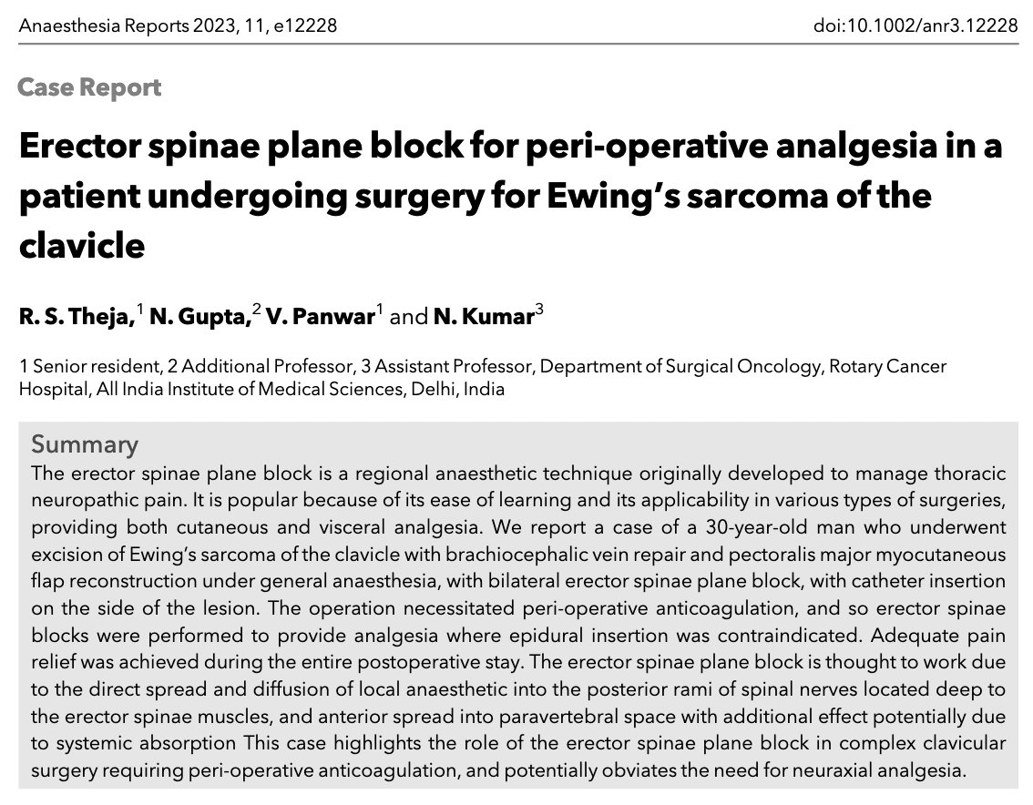 Anaes_Reports's tweet image. Clavicle surgery with contraindications to a thoracic epidural?

Consider bilateral erector spinae plane blocks!

@suryatheja10 @drnishkarsh @drnaveen1984 @RegionalAnaesUK #FreeForAWeek

…-publications.onlinelibrary.wiley.com/doi/full/10.10…