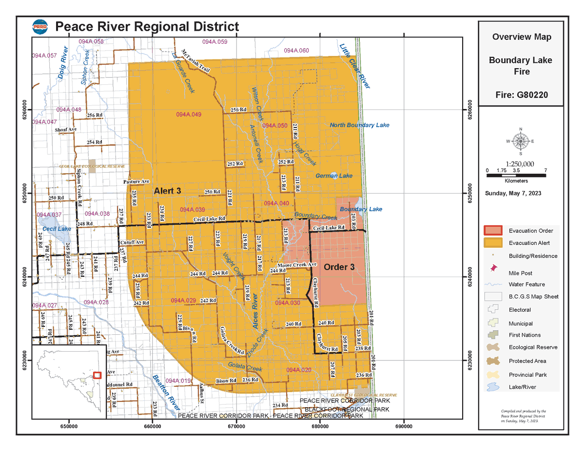 prrdistrict's tweet photo. The PRRD has downgraded some areas affected by the Boundary Lake wildfire from an Evacuation Order to an Alert as of 5:30 pm today (May 7, 2023). Visit https://t.co/CmufTaSRcg to see updated Alerts and Orders. Pls RT https://t.co/xTPANglW1S