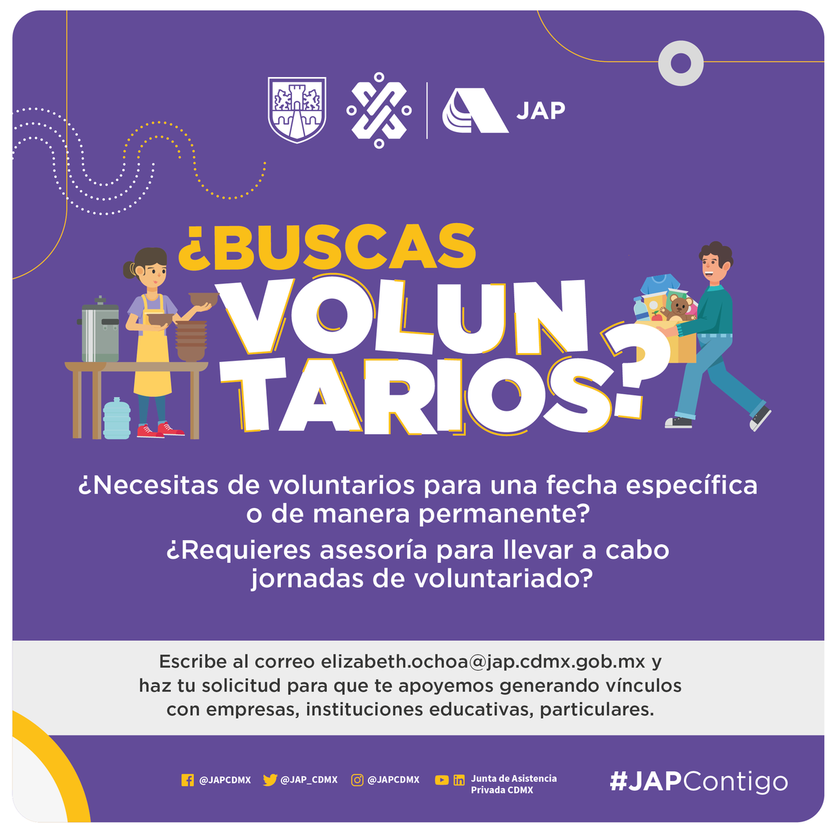 JAP_CDMX's tweet photo. ¿𝘽𝙪𝙨𝙘𝙖𝙨 𝙑𝙤𝙡𝙪𝙣𝙩𝙖𝙧𝙞𝙤𝙨?

En la JAP te ayudamos en la búsqueda de #Voluntarias y #Voluntarios ya sea para una ocasión o de manera permanente. 👩🏻🧑🏻‍🦱👩🏻‍🦰🧑🏾‍🦰

Haz tu solicitud en:
✉️ elizabeth.ochoa@jap.cdmx.gob.mx 

#JAPContigo👍🏻

¡Dale like y comparte! https://t.co/m1hWbC78J5