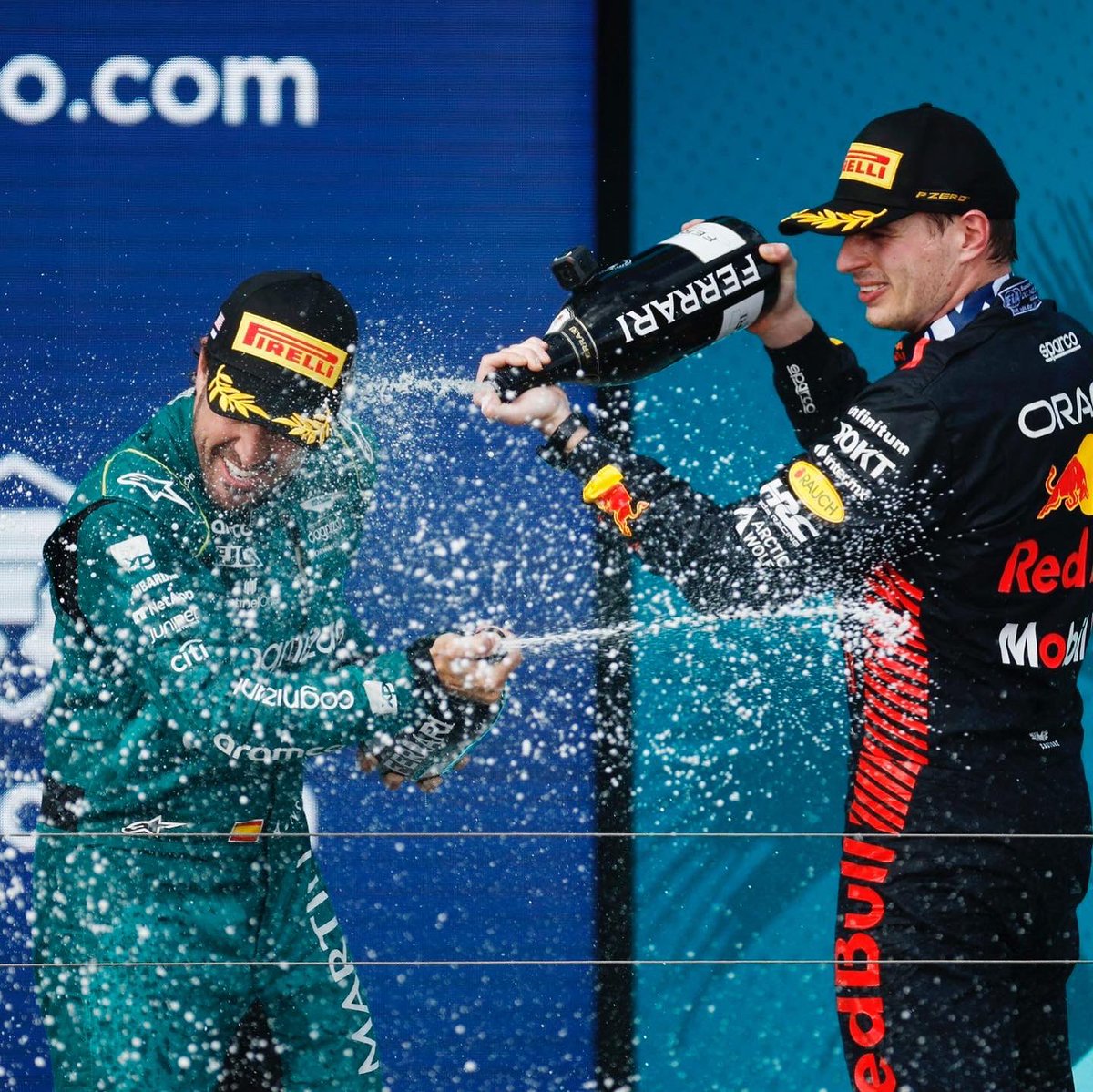 alo_oficial's tweet photo. Thanks for the champagne Miami 🍾.  Great car and strategy. 4th podium of the season. We are @AstonMartinF1 🟢🟢🟢🟢. #f1 #miami #astonMartin https://t.co/B9k2vSDYoy