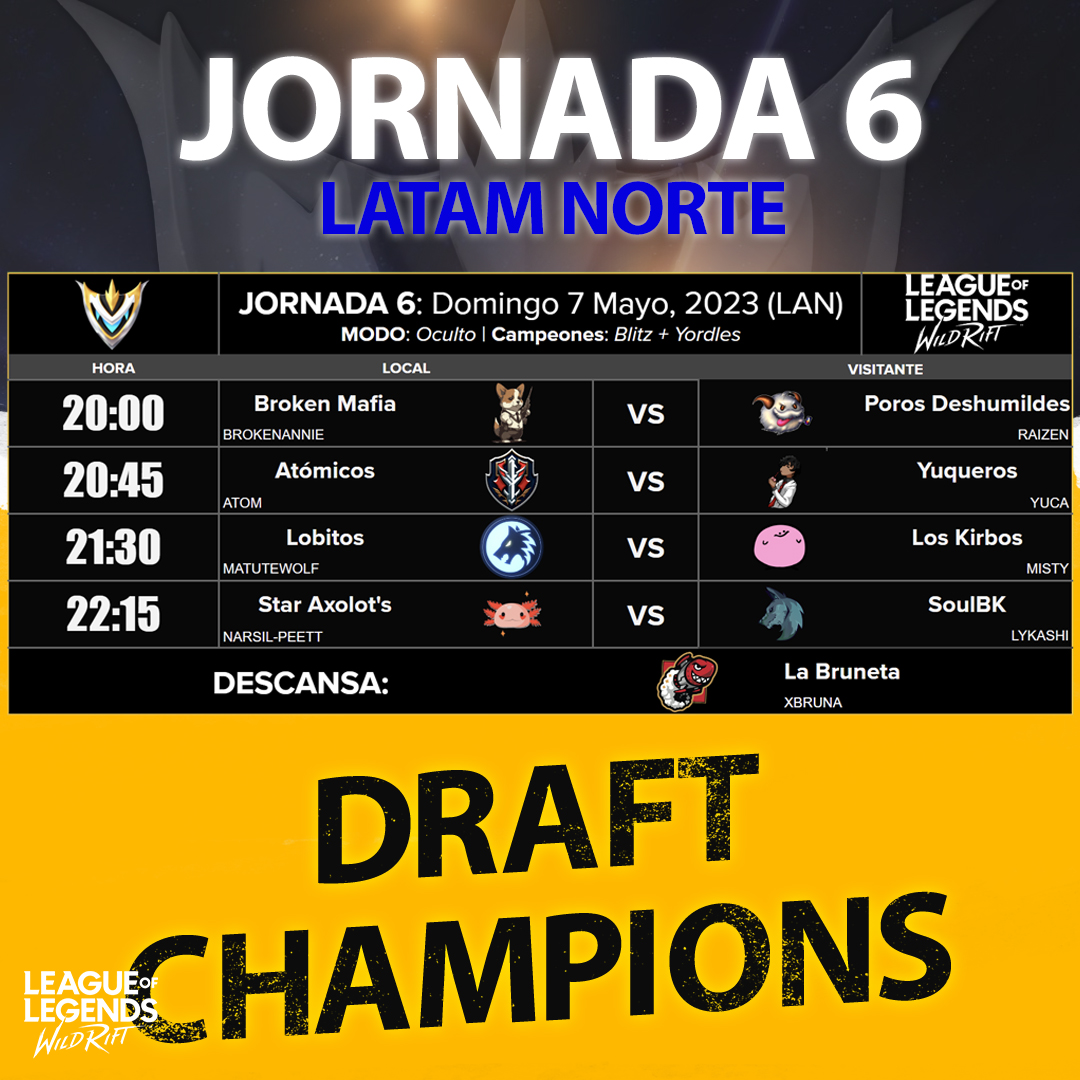 DraftChampions_'s tweet photo. PARTIDOS JORNADA 6 - LATAM NORTE 🏆
La jornada del día de hoy Wild Rift, Modo Oculto con campeones Yordles + Blitzcrank, tendremos los siguientes partidos. 🏆
⌚️ 11pm🇦🇷 | 9pm🇪🇨 | 8pm🇲🇽
🎙️ @ATOMG17
📺 https://t.co/826LGTDmYl
#DraftChampWR1 @wildriftLATAM https://t.co/prVgiqoEPL