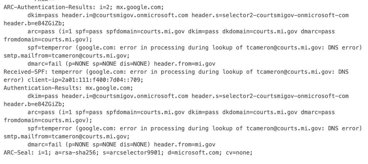 ryantzhou's tweet photo. .@MISupremeCourt It appears that your Microsoft 365 domains 'https://t.co/VIGGnJ0mME' and 'https://t.co/Ko9X2erA1F' were misused to send suspicious emails. DKIM, SPF and ARC all checked out. https://t.co/hfZ18LjkVu