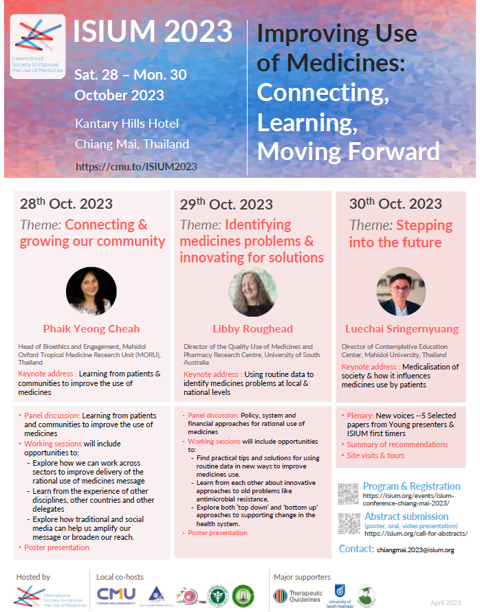Renly (@drrenly) on Twitter photo International Society to Improve Use of Medicines (ISIUM) conference happening in October 2023 in #thailand
Engage with Prof <a href="/phaikyeong/">Phaik Yeong Cheah</a> <a href="/MORUBKK/">MORU</a> <a href="/UniofOxford/">University of Oxford</a> Prof Libby Roughead <a href="/QUMPRC/">QUMPRC</a> <a href="/UniversitySA/">UniSA</a> and many international experts in this field.
isium.org/events/isium-c… International Society to Improve Use of Medicines (ISIUM) conference happening in October 2023 in #thailand
Engage with Prof <a href="/phaikyeong/">Phaik Yeong Cheah</a> <a href="/MORUBKK/">MORU</a> <a href="/UniofOxford/">University of Oxford</a> Prof Libby Roughead <a href="/QUMPRC/">QUMPRC</a> <a href="/UniversitySA/">UniSA</a> and many international experts in this field.
isium.org/events/isium-c…