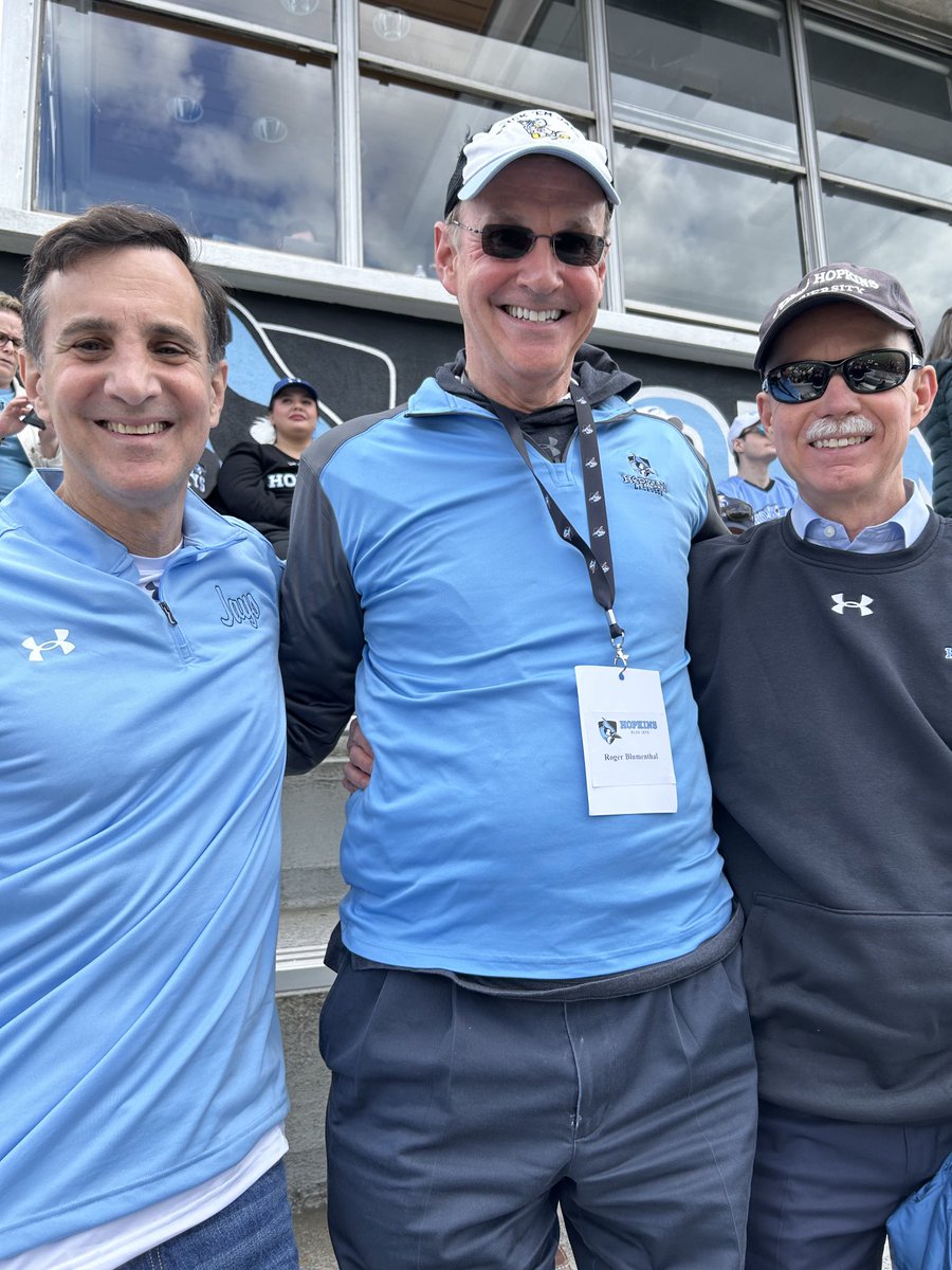 I expect this trio of JHU leadership to reconvene at Homewood Field on Sunday at high noon to see ⁦@hopkinsmenslax⁩ host Bryant in the NCAA tournament. They will likely discuss financial challenges & opportunities at halftime & during timeouts. #Go🐦🥍 #WeWantMore