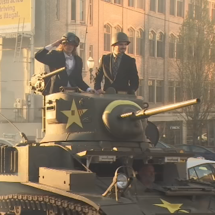 fox12oregon's tweet photo. ICYMI ➡️ More than two months ago, Sherman Bynum and his friends decided they wanted to go to their Camas, Wash. prom in a World War II tank.

Last week, they made it happen: https://t.co/MsAXBzjg5Z https://t.co/oOu70Cy0xK