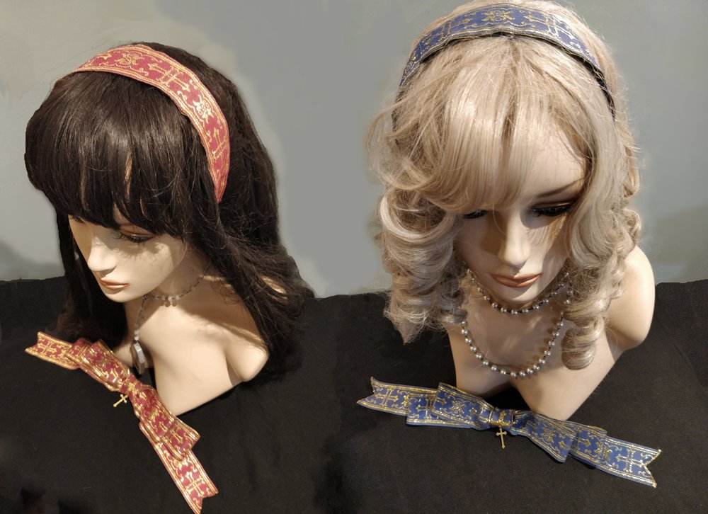 DreamCathedral's tweet photo. Using ribbon manufactured for Bible bookmarks, I created something cute.

https://t.co/ihMJgwYaKK

Many thanks to my model for showcasing one! https://t.co/tUvPQiBiqc

#egl #gothiclolita #handmade #red #blue #ivory #gold #headband #glitter #Bible #historicalfashion https://t.co/oGXFKIDYs0
