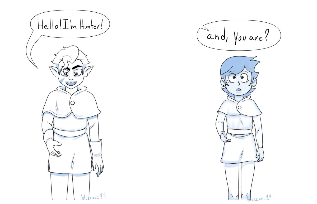 bluecroc29's tweet image. In an AU where Hunter is that "Hot yet vulnerable upperclassman" at Hexside. Lovestruck, Luz misspoke as they introduce themselves. 

#Lunter #Huntceda #TheOwlHouse #toh #goldenlight #hunterxluz #luzxhunter
