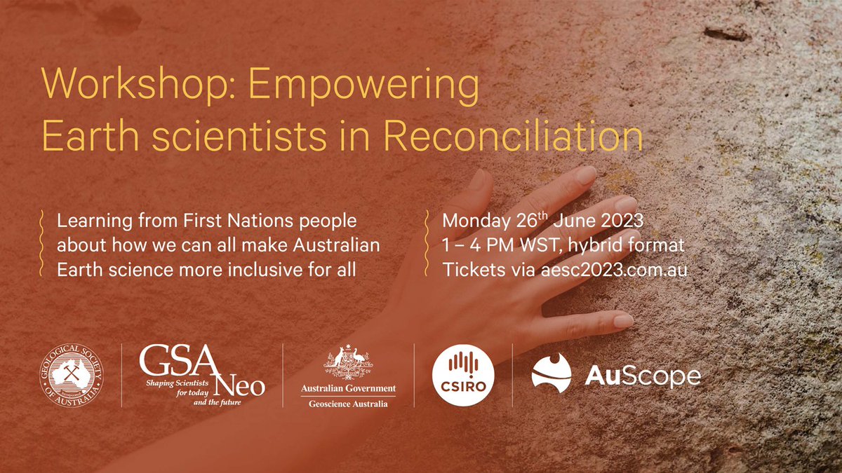 GeoSocAustralia's tweet photo. Registrations are open for the GSA Neo & GICE organised, #Indigenous-lead workshop "Empowering Earth Scientists in Reconciliation". You can attend in-person at the @AESC2023 in Perth or participate online without registering for the convention.
Register: https://t.co/x3f58vhnfI https://t.co/l8NpFLrdbR