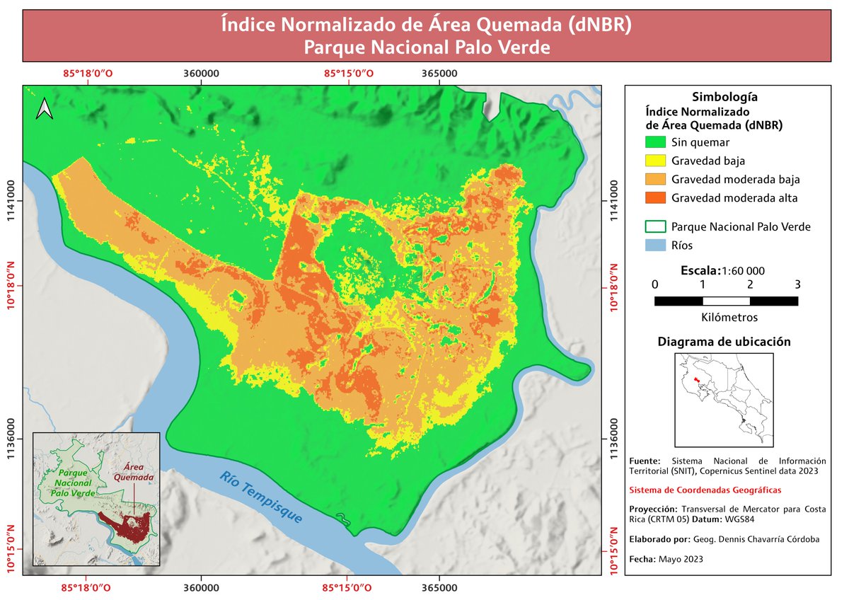 dnschavarria's tweet photo. Mapa Índice Normalizado de Área Quemada (NBR) del Incendio Forestal, Parque Nacional Palo Verde ocurridos en abril 2023. 
Artículo en Linkedin: https://t.co/VBPmJL14uq… 
#incendiosforestales #GIS #SIG #remotesensing #teledeteccion #sentinel #planetlabs #costarica #pnpaloverde https://t.co/I1LyCmRIjV
