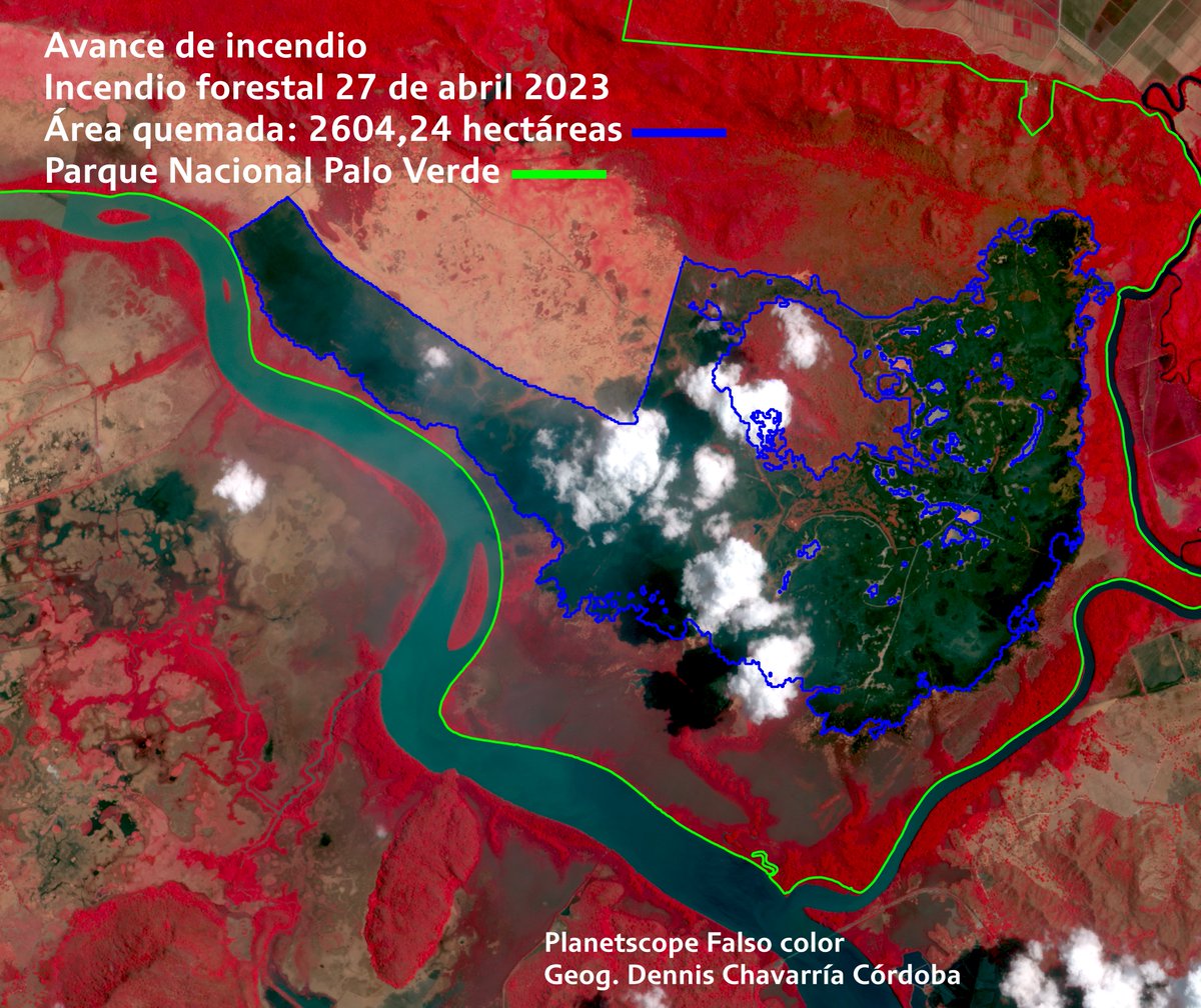 dnschavarria's tweet photo. Avance del Incendio Forestal en el Parque Nacional Palo Verde ocurridos en abril 2023. 
Artículo en Linkedin: https://t.co/VBPmJL14uq… 
#incendiosforestales #GIS #SIG #remotesensing #teledeteccion #sentinel #planetlabs #costarica #pnpaloverde https://t.co/HN3phW2zU1