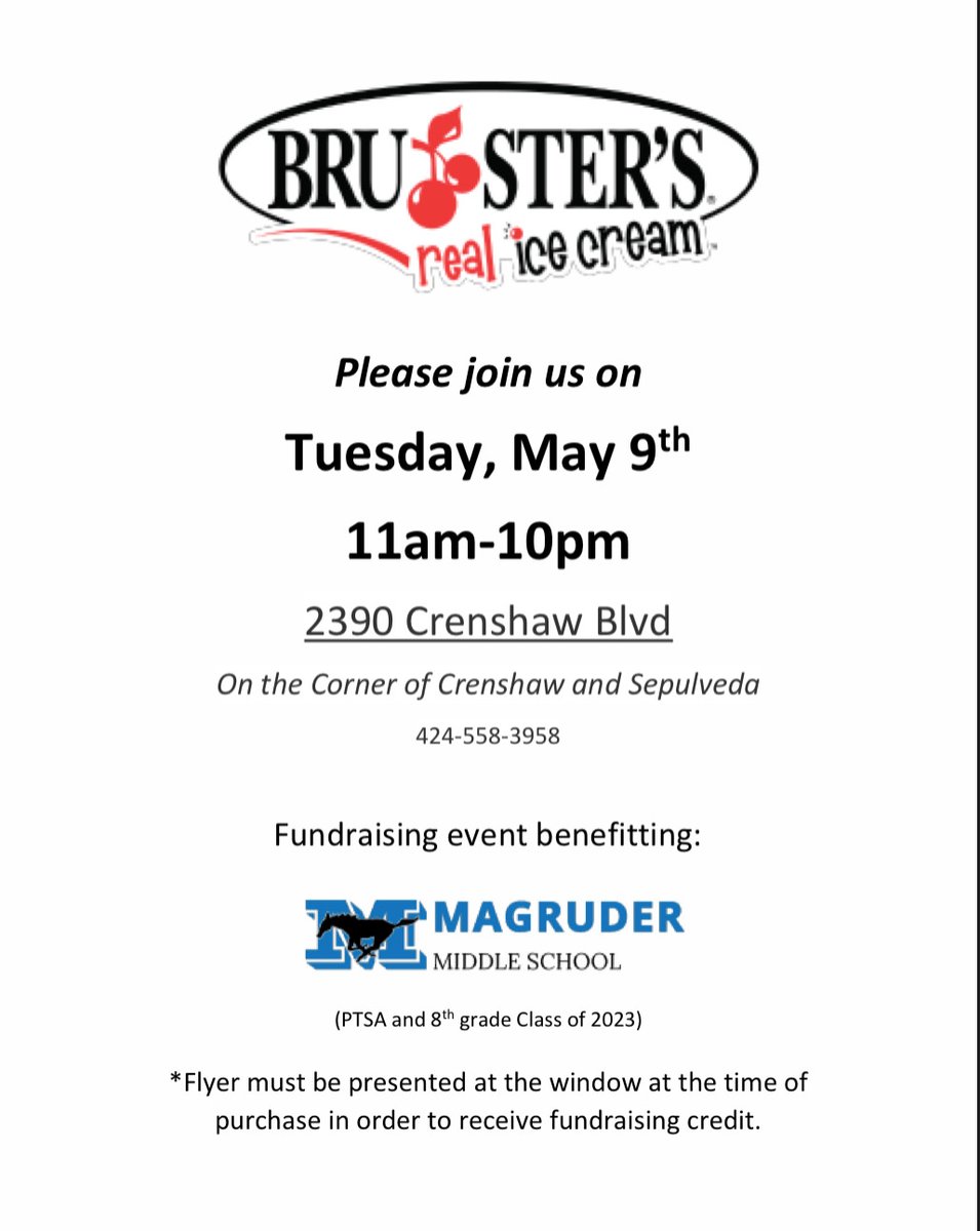Come and help that sweet tooth. Magruder is having a fundraiser at Bruster’s on May 9th from 11 am - 10 pm. Please support if you can. #pta4kids #magrudermustangs #tcpta #torranceusd