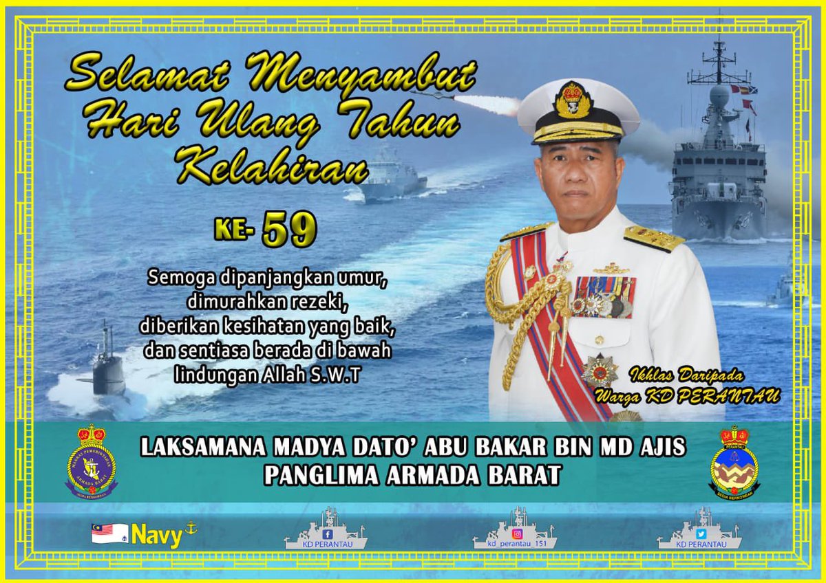 Pegawai Memerintah dan seluruh warga KD PERANTAU mengucapkan Selamat Menyambut Hari Ulang Tahun Kelahiran kepada YBhg Panglima Armada Barat. Semoga YBhg Panglima dikurniakan keberkatan Allah S.W.T serta diluaskan pintu-pintu rezeki.