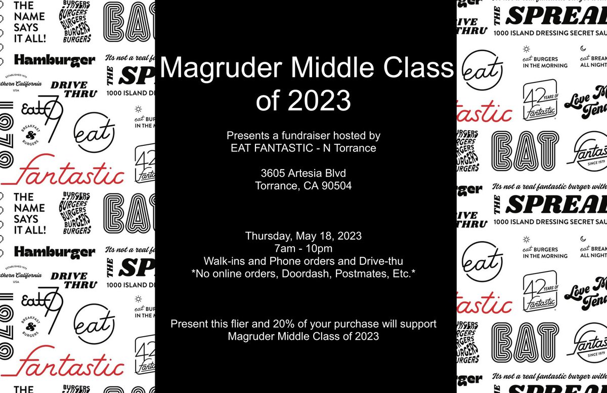Thursday seems like it might be a good night to not cook. The Magruder 8th grade class is having a fundraiser at Eat Fantastic on Thursday, May 18th from 7am - 10pm. Please support if you can. #pta4kids #magrudermustangs #8thgrade2023 #tcpta #Torranceusd