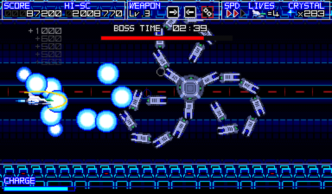 Terarin55's tweet image. ハイスピード横スクロールＳＴＧ！「Terra Flame（テラフレイム）」好評発売中！

ボスの動きを見極め、「武器切替」、「チャージショット」、「スピード変更」を活用して上手く倒していこう！

store-jp.nintendo.com/list/software/…

#NintendoSwitch #TerraFlame