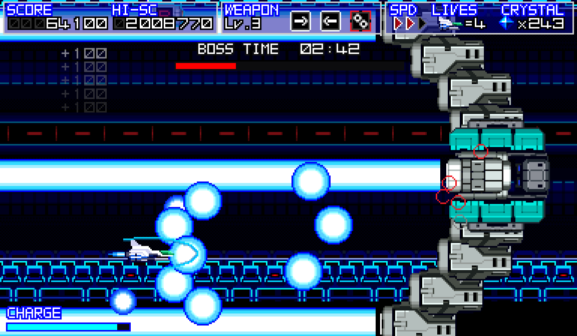 Terarin55's tweet image. ハイスピード横スクロールＳＴＧ！「Terra Flame（テラフレイム）」好評発売中！

ボスの動きを見極め、「武器切替」、「チャージショット」、「スピード変更」を活用して上手く倒していこう！

store-jp.nintendo.com/list/software/…

#NintendoSwitch #TerraFlame