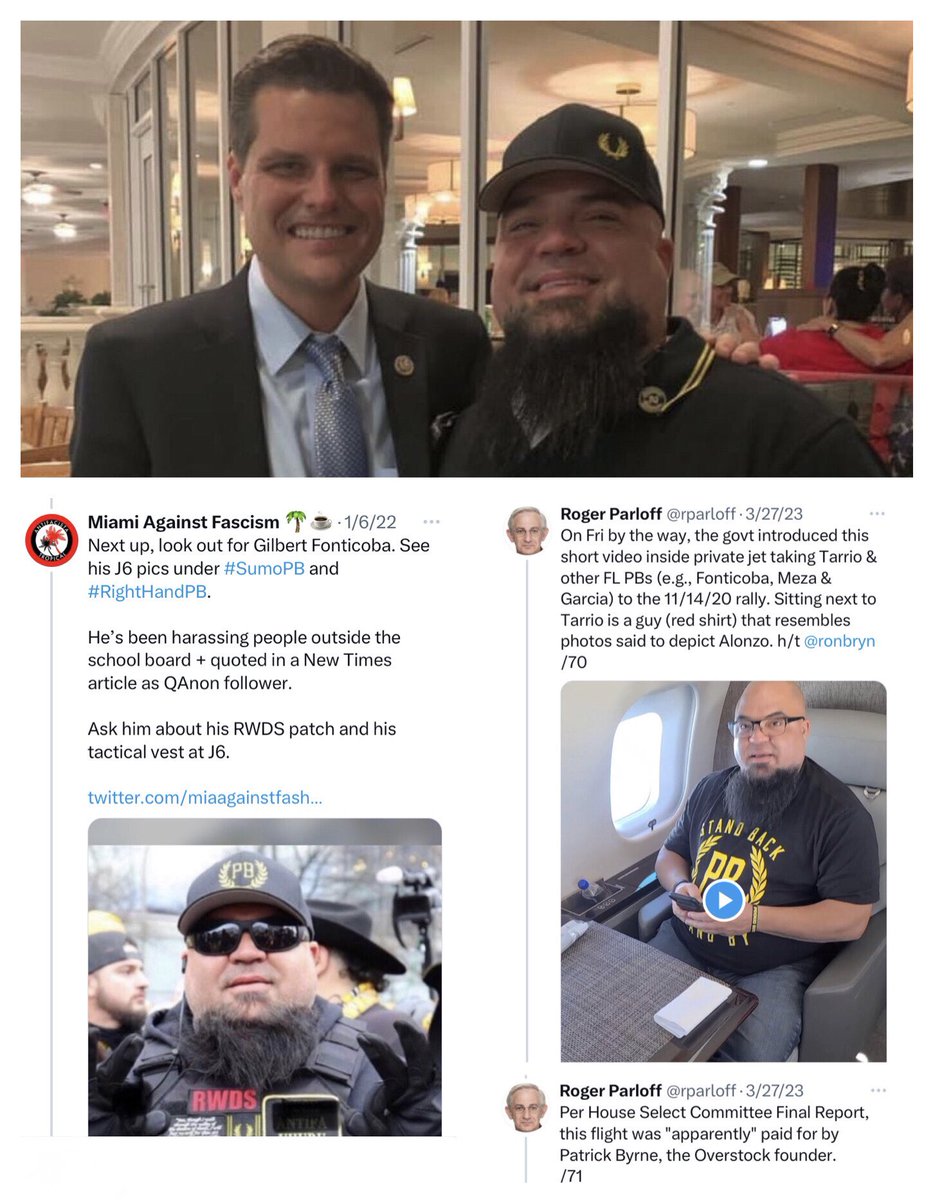 PeskyFact's tweet photo. @jennycohn1 #SumoPB #RighthandPB with Gaetz, on Byrne’s sedition charter & wearing RWDS to siege the Capitol. https://t.co/dKuV2TIfIg