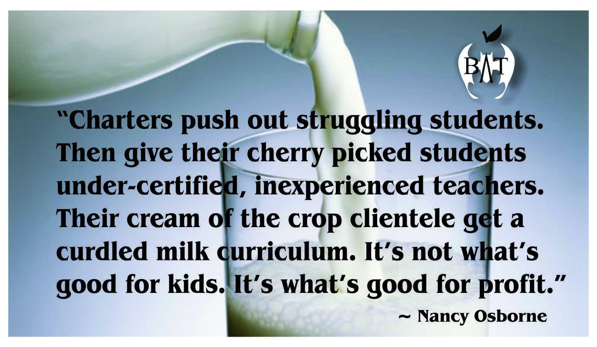 Missouri BATs (@missouribats) on Twitter photo Charters serve up a curdled milk curriculum. They get away with it b/c they don't have to follow the same requirements as public schools, even though they get public school $$$. #TBATs <a href="/ArkansasBATsA/">ArkansasBATs</a> <a href="/iowabats/">Iowa BATs</a> <a href="/LouisianaBATs/">Louisiana</a> <a href="/IndianaBATs/">INBATs</a> <a href="/IllinoisBATs/">IllinoisBATs</a> <a href="/MNBATs1/">MN Badass Teachers</a> <a href="/Wisconsin_BATs/">Wisconsin BATs</a> Charters serve up a curdled milk curriculum. They get away with it b/c they don't have to follow the same requirements as public schools, even though they get public school $$$. #TBATs <a href="/ArkansasBATsA/">ArkansasBATs</a> <a href="/iowabats/">Iowa BATs</a> <a href="/LouisianaBATs/">Louisiana</a> <a href="/IndianaBATs/">INBATs</a> <a href="/IllinoisBATs/">IllinoisBATs</a> <a href="/MNBATs1/">MN Badass Teachers</a> <a href="/Wisconsin_BATs/">Wisconsin BATs</a>