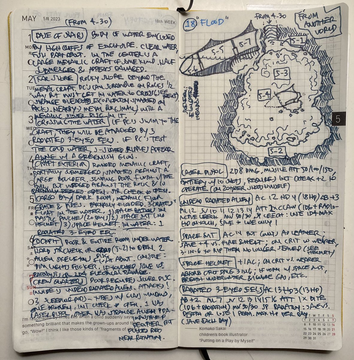 Week 21 of #dungeon23 - pushing past the city the adventurers find a flooded box canyon. At its center lies a broken silvery craft of unknown origin. What strange folk landed here and what oddities have they left behind?