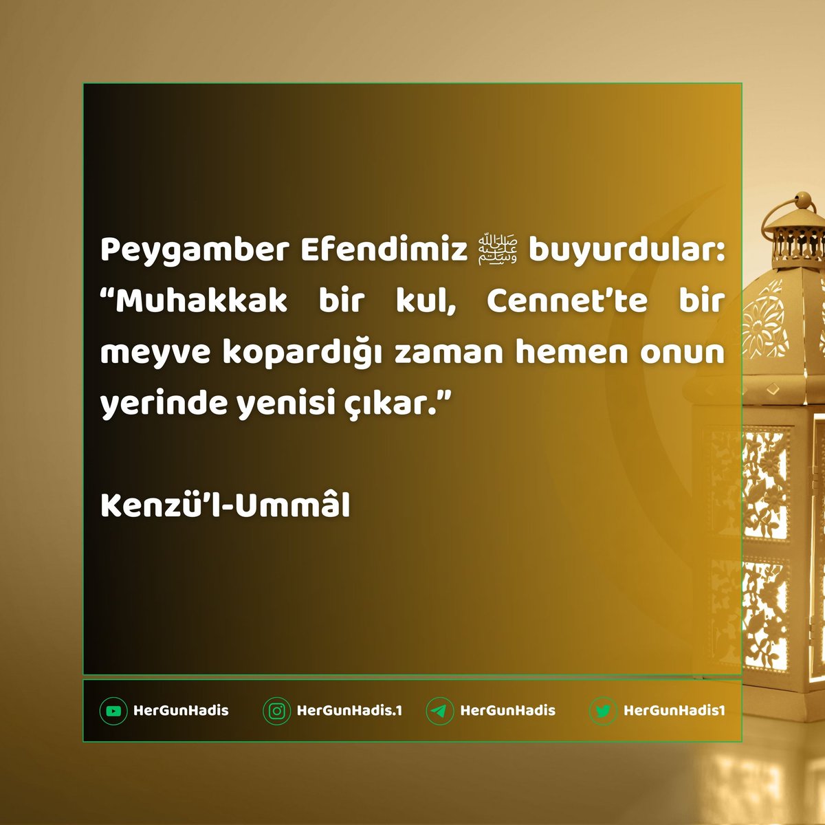HerGunHadis1's tweet photo. Peygamber Efendimiz ﷺ buyurdular: “Muhakkak bir kul, Cennet’te bir meyve kopardığı zaman hemen onun yerinde yenisi çıkar.”

Kenzü’l-Ummâl https://t.co/00nVr40JT4
