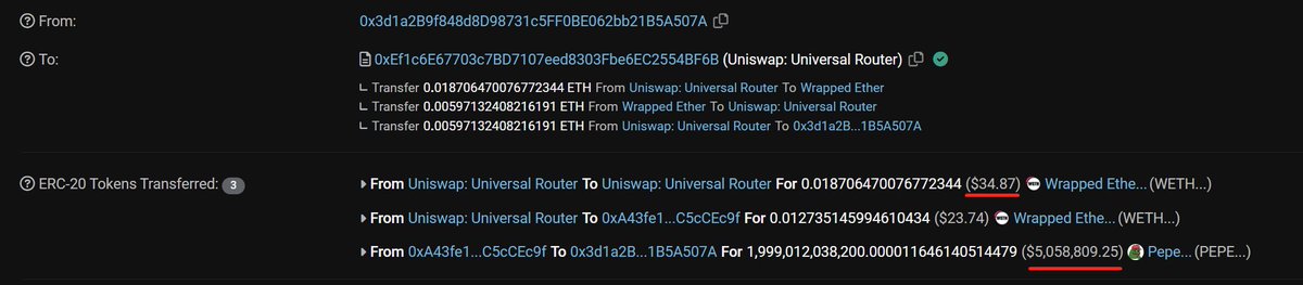 0xOverview's tweet photo. 10 wallets started buying $30-$50 worth of $PEPE on launch and held for exactly 8 days. 

After 8 days the $PEPE tokens were transferred to 10 new wallets with no previous activity.

This pattern is repeated in all 10 wallets and is executed at the exact same times.

🧵 4/n https://t.co/IyRpDevUiT