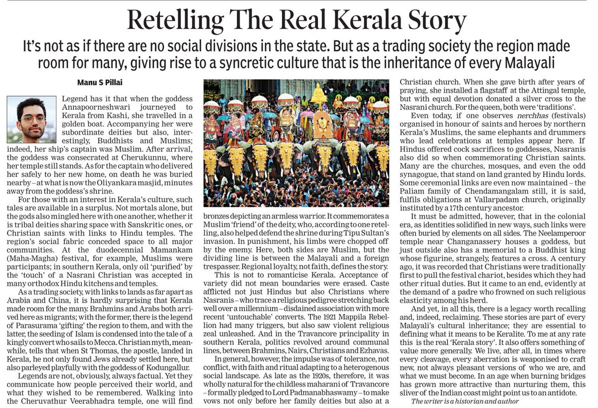 Shiva and his armless Muslim friend; a goddess with a Buddhist retinue; Christians joining Hindu festivals; a 20th century rani commissioning both a temple flagstaff and a silver cross--the "Kerala Story" *I* prefer to tell.

In today's Times of India. 

timesofindia.indiatimes.com/retelling-the-…