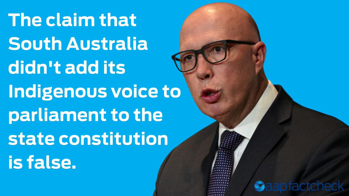 Federal Opposition Leader Peter Dutton's claim that South Australia's Indigenous voice to parliament wasn't added to the state's constitution is wrong. #auspol #saparli #sapol #voice #VoiceToParliament #IndigenousVoice 

Facts matter 👉 bit.ly/3pdgDxv