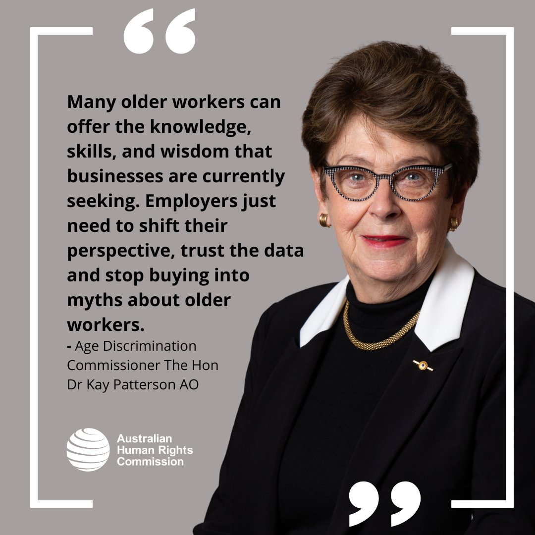 AusHumanRights's tweet image. Learn about employer attitudes to hiring older workers in the 2023 Employing and Retaining Older Workers Survey, a partnership between the Commission and @AHRItweets: loom.ly/Qw_8H6g @DrKayPatterson