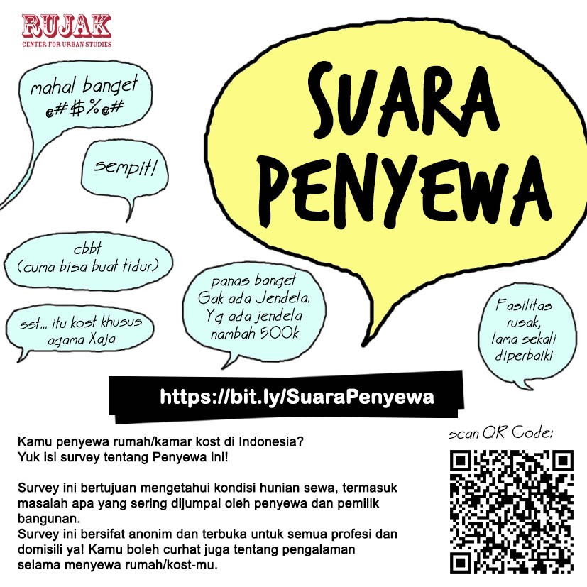 [SUARA PENYEWA📢]
Kamu penyewa rumah/kontrakan/kost/apartemen utk tempat tinggalmu? COCOK banget

RCUS sdg melakukan studi ttg kondisi kegiatan sewa-menyewa dari pandangan para penyewa di Indonesia. 
Yuk luangkan waktu mengisi ⬇️⬇️⬇️ bit.ly/SuaraPenyewa