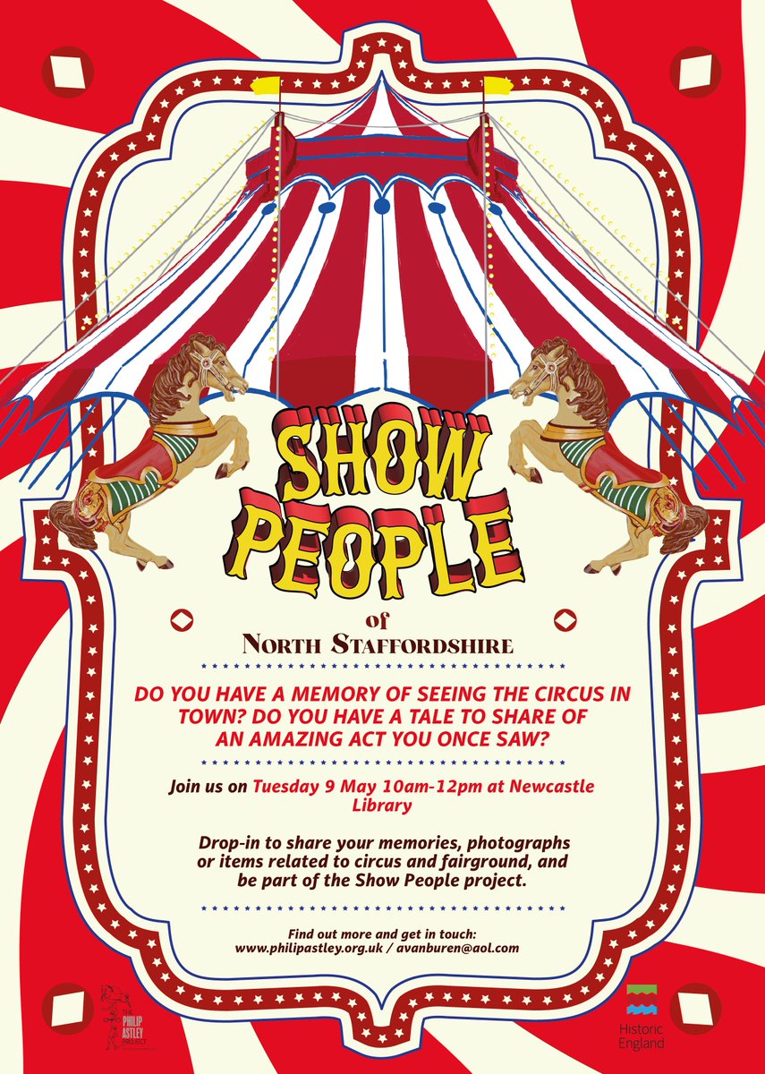 Tomorrow 9 May Newcastle under Lyme Library 10.00 am - 12.00 pm - come and share your memories of visiting circus and fairs for the Historic England Showpeople of North Staffordshire archive and exhibition.
#historicengland #newcastleunderlyme #fairs #Circus #workingclasshistory