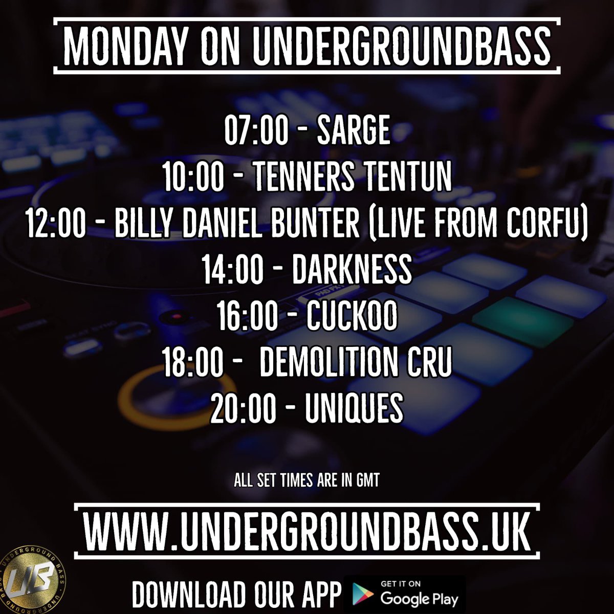 🔥Bank Holiday Schedule 🔥

Undergroundbass.uk
Stream - Chatroom - Merchandise 

📲 Studio Line 0750 8012801
#undergroundbass 

Have a great day ❤️🧡💛💚💙💜🖤