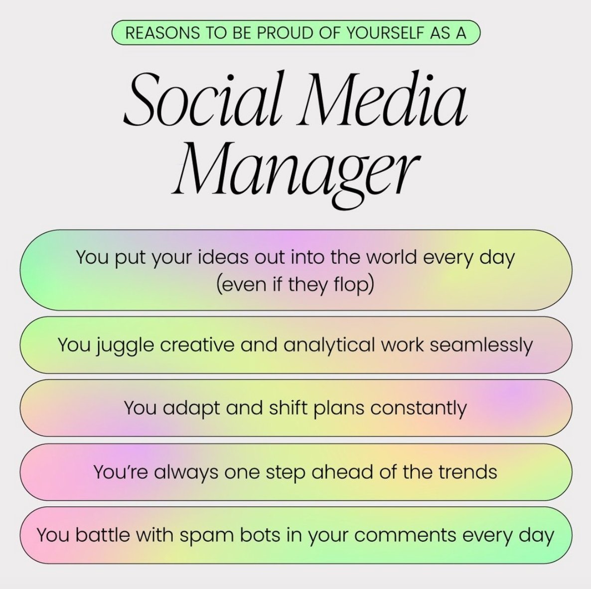 Techmarketers_'s tweet photo. This one is for all the social media managers in the house
Give yourself a pat at the back, you deserve itπ
Tag your favorite social media managers in the comment section π€
Happy a great week guys!π₯³β¨
π·: @latermedia
#TechMarketersHub
#SocialMediaManagers
#WorkinSocial https://t.co/wtiTH845oC