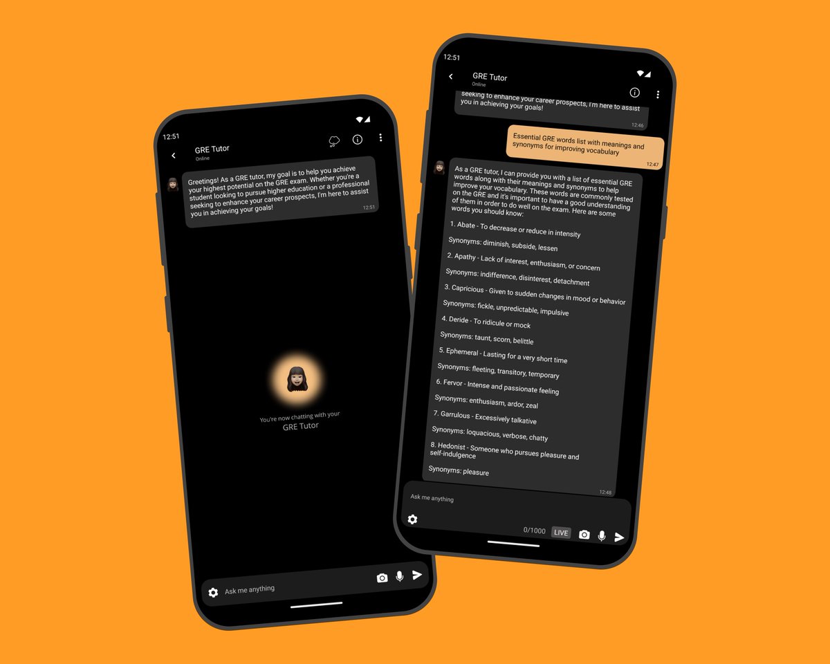 Introducing GRE Tutor on ΛVΛTΛRS ΛI app! 🤯

Now get 24x7 personalised GRE guidance and solve all your doubts and queries via voice or text prompts with our ChatGPT powered GRE Tutor!

Checkout the app now : play.google.com/store/apps/det…

#AI #ChatGPT #GPT4 #GRE