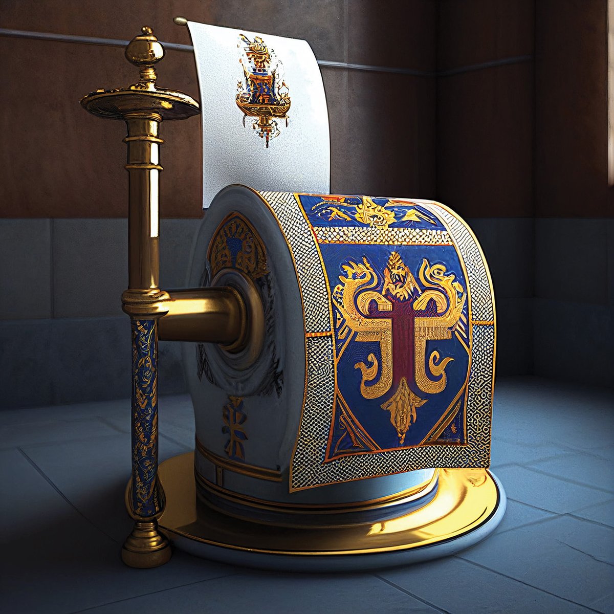 Regal 12-ply toilet paper with hand printed gold embroidery. 5k a sheet. Ideal for dealing with a heavy afternoon session following a grouse and muesli breakfast or a busy coronation weekend. #CoronationWeekend