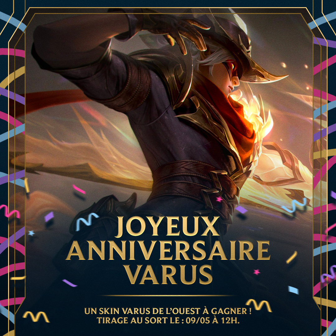 LoL_France's tweet photo. Joyeux anniversaire à Varus…et Kai…et Valmar ! 🙃

Varus a débarqué sur la Faille il y a 11 ans ! Pour fêter ça, likez ce post pour avoir une chance de gagner un skin Varus de l’ouest 🎂

Si vous l’avez manquée, regardez la cinématique sur Varus :

▶️ https://t.co/e7FPaKZ3qx https://t.co/6Dqo6YJhKg