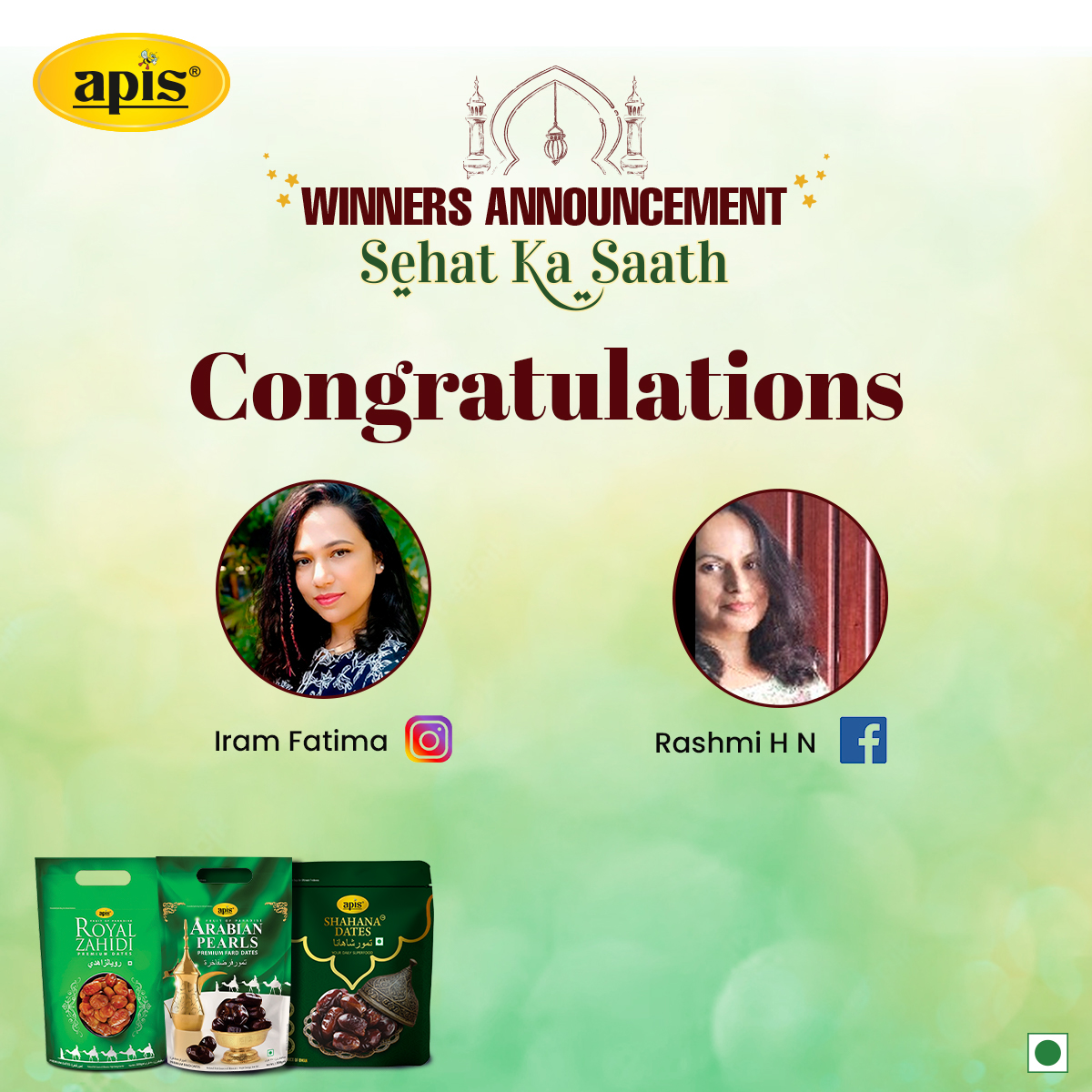 apis_india's tweet photo. Hey all! While all the Sehat Ka Saath contest entries left us wanting to choose all, we have our winners - Rashmi H N & Iram Fatima. Congratulations!
Hey winners, please share your contact details with us.
#ApisIndia #ContestWinners #ApisDates #SehatKaSaath #ContestAlert https://t.co/ryvDJ5T8L7