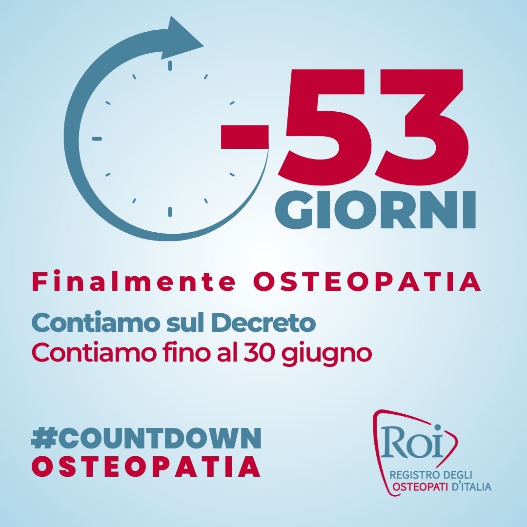 #COUNTDOWNOSTEOPATIA Verso il 30 giugno, data che concluderà l'iter della legge che istituisce la nostra professione.
⏰ -53 giorni al Decreto
<a href="/mur_gov_/">Ministero dell'Università e della Ricerca</a> 
<a href="/BerniniAM/">Anna Maria Bernini 🇮🇹</a> 
<a href="/MinisteroSalute/">Ministero della Salute</a> 
<a href="/marcellogemmato/">Marcello Gemmato 🇮🇹</a> 

#osteopatia #osteopati #osteopatiaprofessionesanitaria