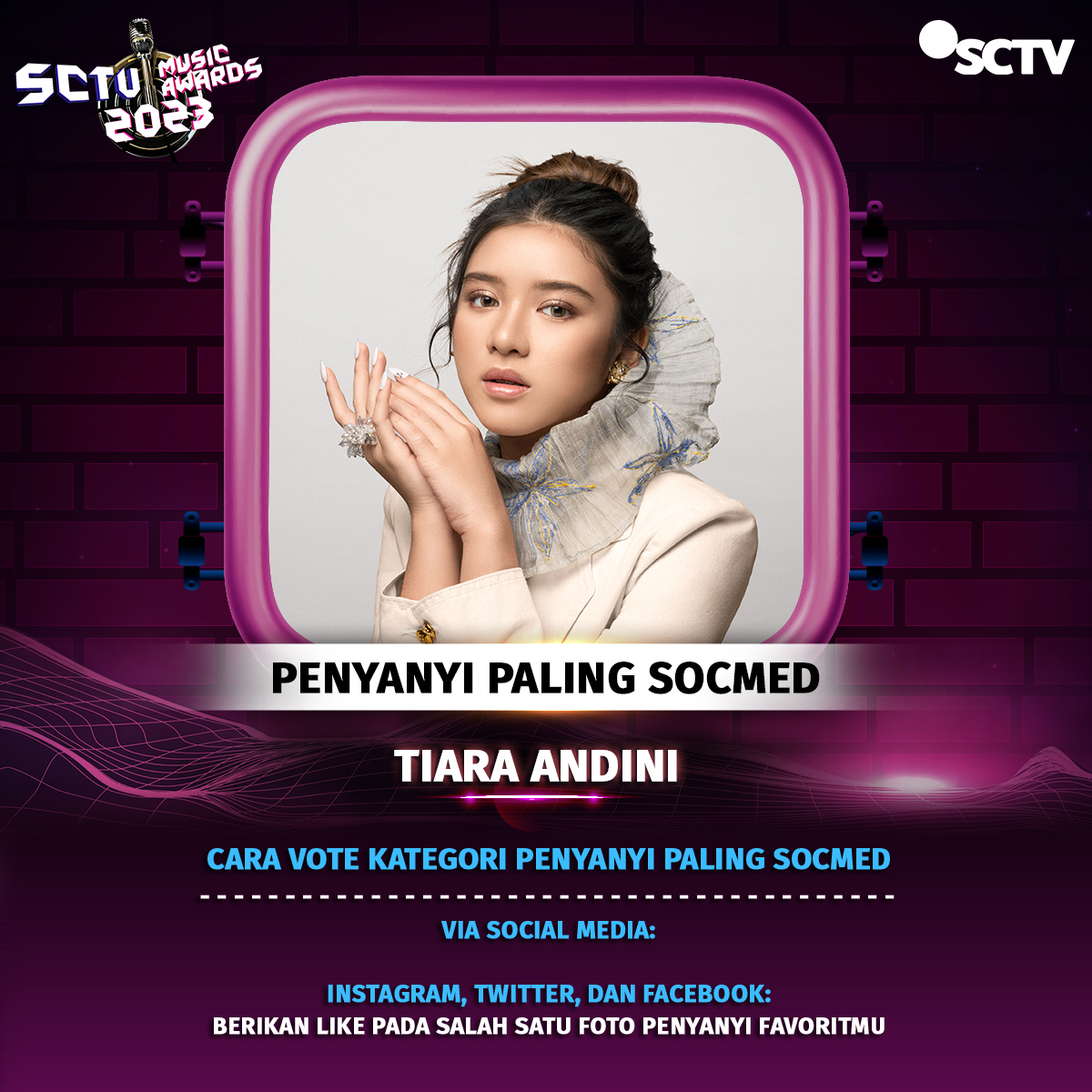 Yuk, dukung TIARA ANDINI untuk memenangkan kategori Penyanyi Paling Socmed dengan cara LIKE foto ini!

Simak baik-baik mekanisme selengkapnya pada gambar!

#SMA2023 #SCTVMusicAwards2023 #SCTVSpesial #SCTVMusik