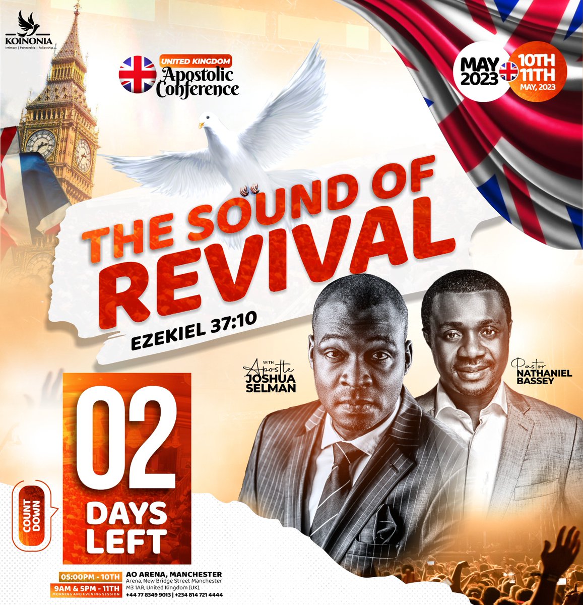 AbujaKoinonia's tweet photo. 2 DAYS TO GO! ⏰

Hallelujah! only two days left until THE SOUND OF REVIVAL conference, we give thanks to God for bringing us this far.

Beloved, remain steadfast in prayers and thanksgiving as we prepare to receive all God has purposed for us.

Conference details remain: https://t.co/dhcyDHZMeM