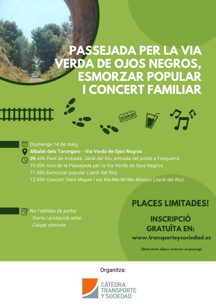 ¡Este finde <a href="/transporteysoc/">Transporteysociedad</a> organiza un evento de lo más llamativo! Senderismo, música, gastronomía...todo esto y mucho más por el #CNVVOjosNegros en Valencia 🎉
ℹ️ bit.ly/42cj4Pn #VV30Años 
<a href="/c_valenciana/">Comunitat Valenciana</a> <a href="/GVAturisme/">GVA Turisme</a> @GVAterritori <a href="/ffe_es/">Fundación de los Ferrocarriles Españoles</a>
