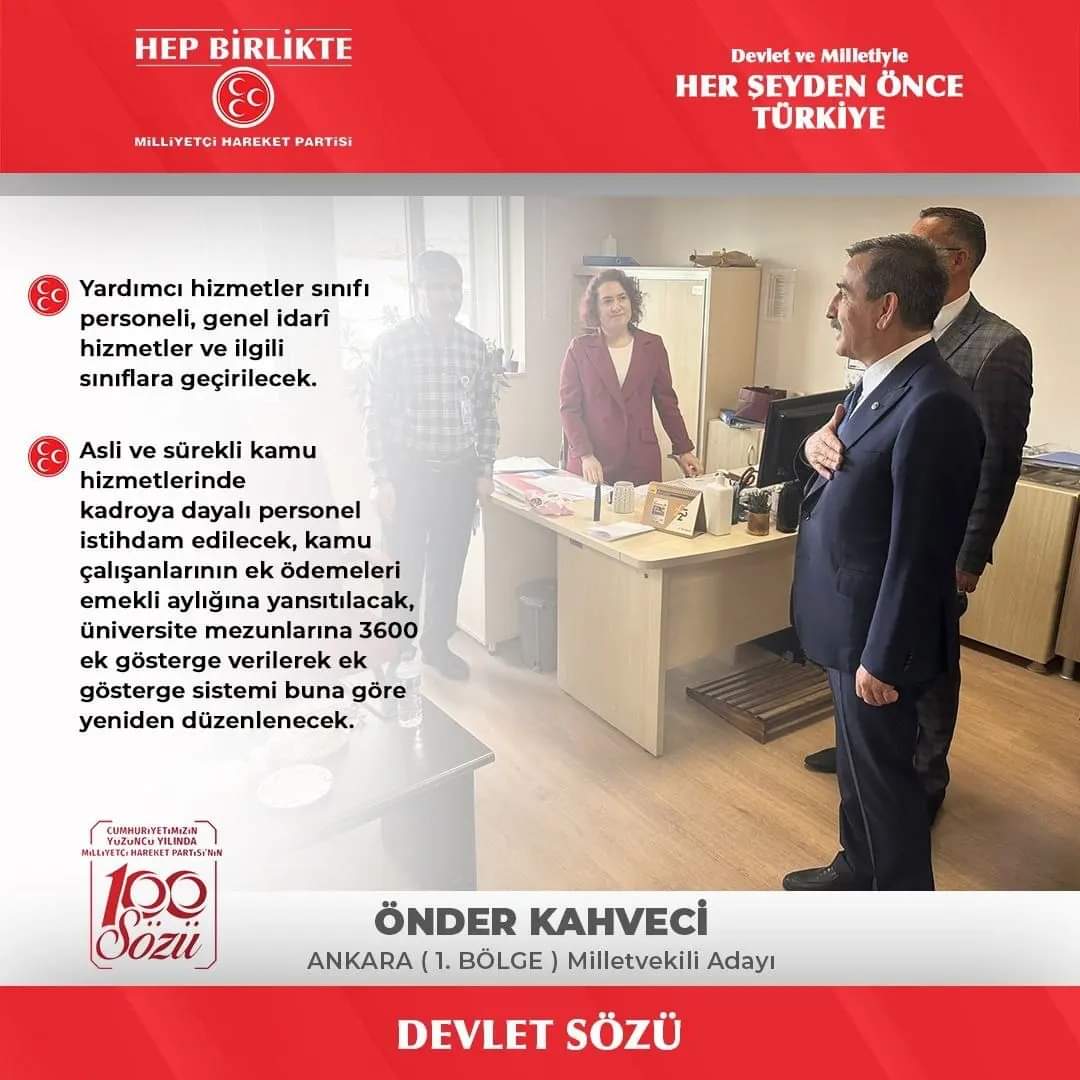 OnderKahveci's tweet photo. DEVLET SÖZÜ 

Yardımcı hizmetler sınıfı personeli, genel idari hizmetler ve ilgili sınıflara geçirilecek. 

Asli ve sürekli kamu hizmetlrrinde kadroya dayalı personel istihdam edilecek, kamu çalışanlarının ek ödemeleri emekli aylığına yansıtılacak, üniversite mezunlarına 3600 ek gösterge verilerek ek gösterge sistemi buna göre tekrar düzenlenecek. 

Ankaranın Milli Yüzü
Önder Kahveci
MHP Ankara 1. Bölge
Milletvekili Adayı 

#önderkahveci
#ankaranınmilliyüzü
#İlkOyumMHP 
#TürkGençliğiMHPDiyor
#ankara
#mhpankara
#siyaset
#siyasetçi
#ankarasiyaset
#milletvekiliadayı
#devletsözü
#herşeydenöncetürkiye