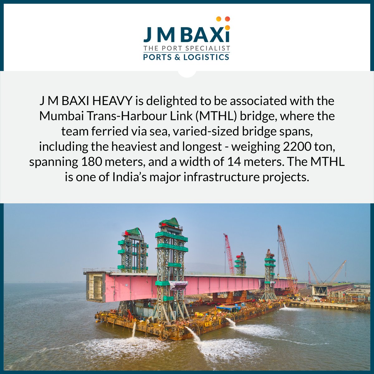 jmbaxigroup's tweet photo. J M Baxi Heavy successfully ferries heaviest and longest bridge for the MTHL project
#logistics #JMBaxi #CreatingOpportunities #JMBaxiHeavy #projectlogistics #heavylogistics #heavylifting #heavytransport #MTHL https://t.co/jx8KATGrFj