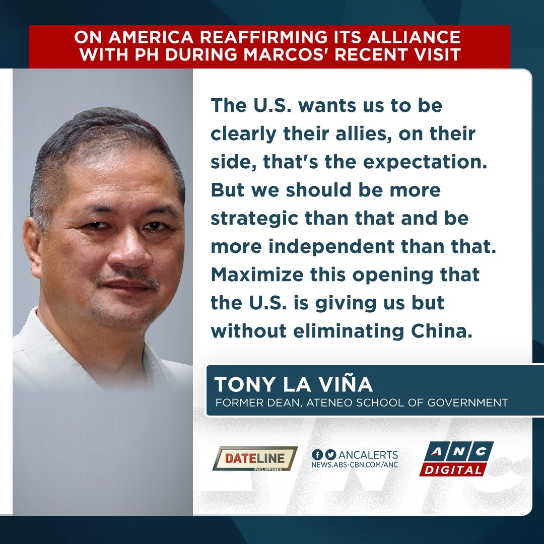 ANCALERTS's tweet photo. For political analyst Tony La Viña, a stronger Philippine alliance with the U.S. has become more important as Manila faces continued aggression from Beijing in the West Philippine Sea. #ANCSoundbytes

WATCH: https://t.co/nm5RjV3NAl https://t.co/XDsZymJ3Xx