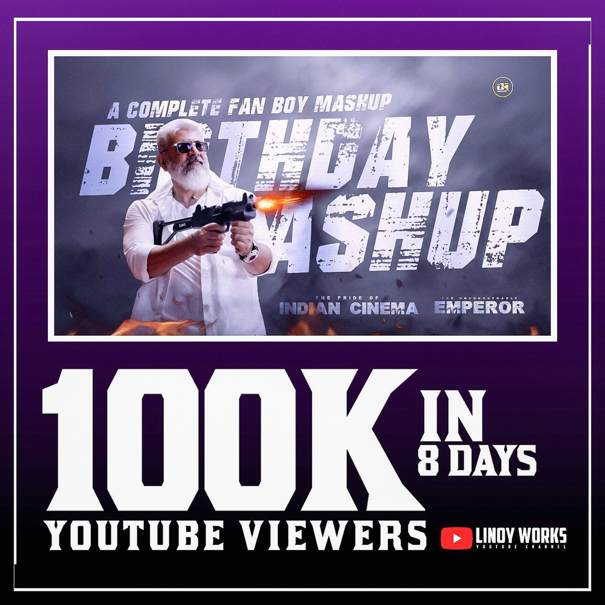 I_AmThe_Emperor's tweet photo. 1 Lakh Viewers To My #AK Birthday Mashup &amp; A New Record To LINOY WORKS + 7 Reaction Videos To My AK Mashup For The First Time In LINOY WORKS🔥💥

MASHUP LINK - https://t.co/3WOxPI0N2H

#VidaaMuyarachi #AK62 #AjithKumar #Ajith #ajithkumar52 #ak62title #ak62update https://t.co/JswhX08Jsv