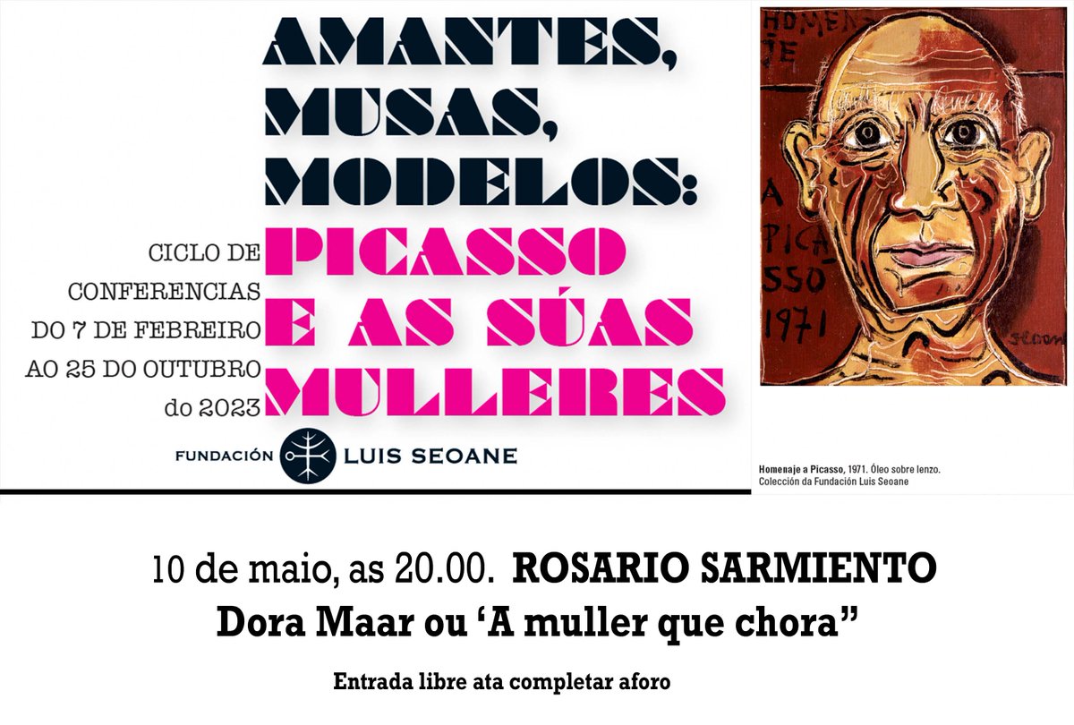 FundLuisSeoane's tweet image. Bos días!
Lembrámosvos que o mércores 10, ás 20:00 horas, a comisaria e xestora cultural @rosarsarmiento impartirá a conferencia "Dora Maar ou 'A muller que chora'" na @FundLuisSeoane. Entrada libre. 
#Picasso #DoraMaar #ConcellodaCoruña  #culturacoruña #DACCultura
