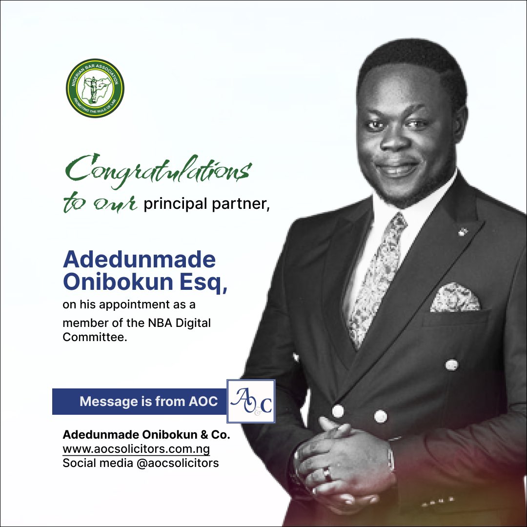 We are excited to announce that our Principal Partner @adedunmade has been appointed as a member of the Nigerian Bar Association’s Digital Committee. 

#service #aocsolicitors #nigerianbarassociation #nigerianlawyers