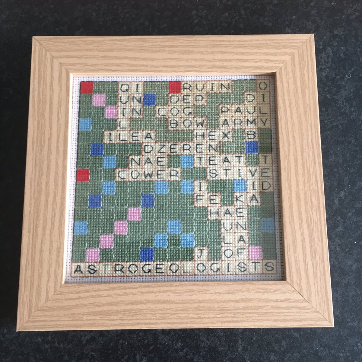 chawky756's tweet photo. @dottymcl hi Dotty I came on your show on National Scrabble Day a couple of weeks ago talking about my favourite ever play, ASTROGEOLOGISTS. I forgot to mention I made a cross-stitch of the final board (cross-stitch is another of my interests) :) https://t.co/E3E9DCcTUz